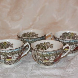 Johnson Brothers Winter Farm Scene Tea, Coffee Cups Made In England Lot of 4